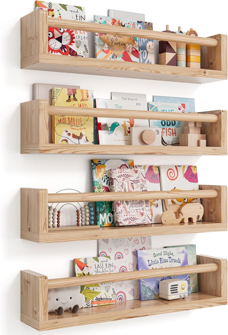 Seocry Nursery Wall Bookshelf Set of 4, Floating Bookshelves for Kids' Rooms, Toddler Bedroom Decor, Nursery (Wood, 16.5 Inches) - Image 1
